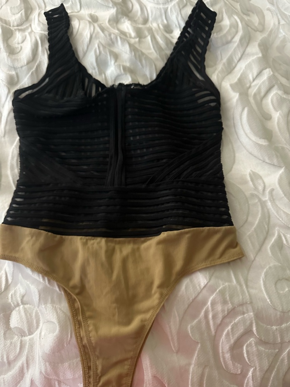 Black Mesh Bodysuit with Tan Bottom *NWOT*🔥